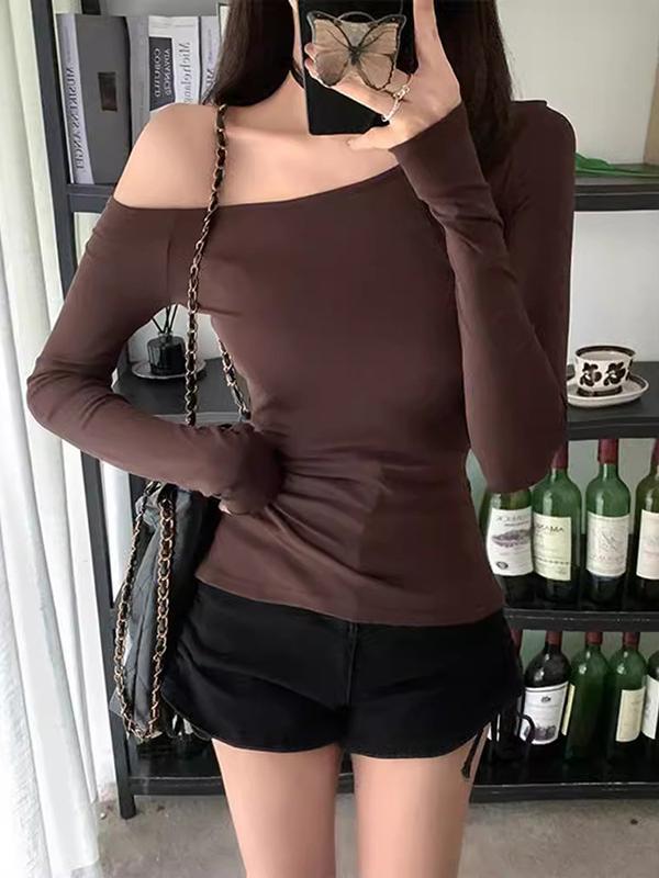 Cross Irregular One-Shoulder Long Sleeve Women's Autumn Top - Off-the-Shoulder Slim Fit with Pleated Base Layer.