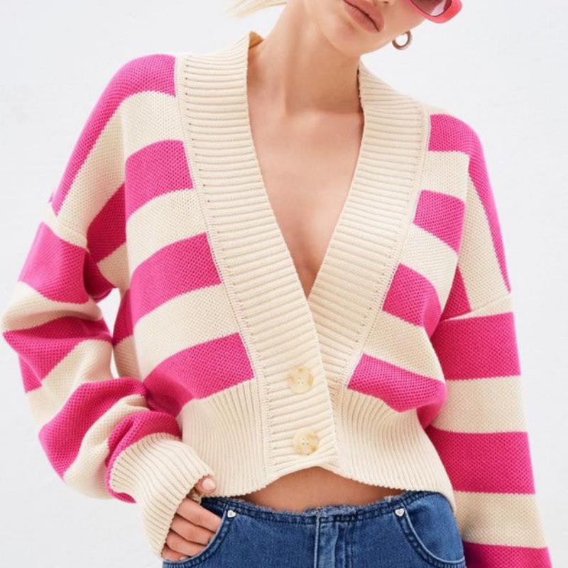 IHUASU Autumn and Winter Sweater Women's Clashing Colours Loose Design Knitted Cardigan Jacket