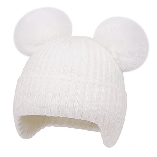 Yousheng Kids Knitted Hat Dual Fur Ball Decor Ear Protection Warm Hat Solid Color Elastic Warm Windproof Hat Headwear
