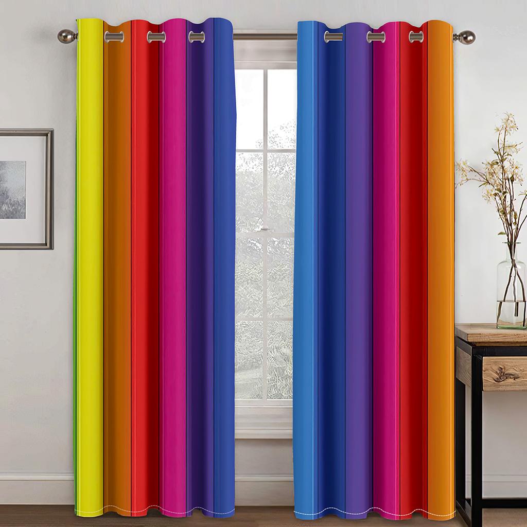 Regenbogen-gestreifte Vorhänge, farbenfrohe, lebendige vertikale Streifen, 3D-Druckmuster, Vorhänge für Wohnzimmer, 2-teiliges Set