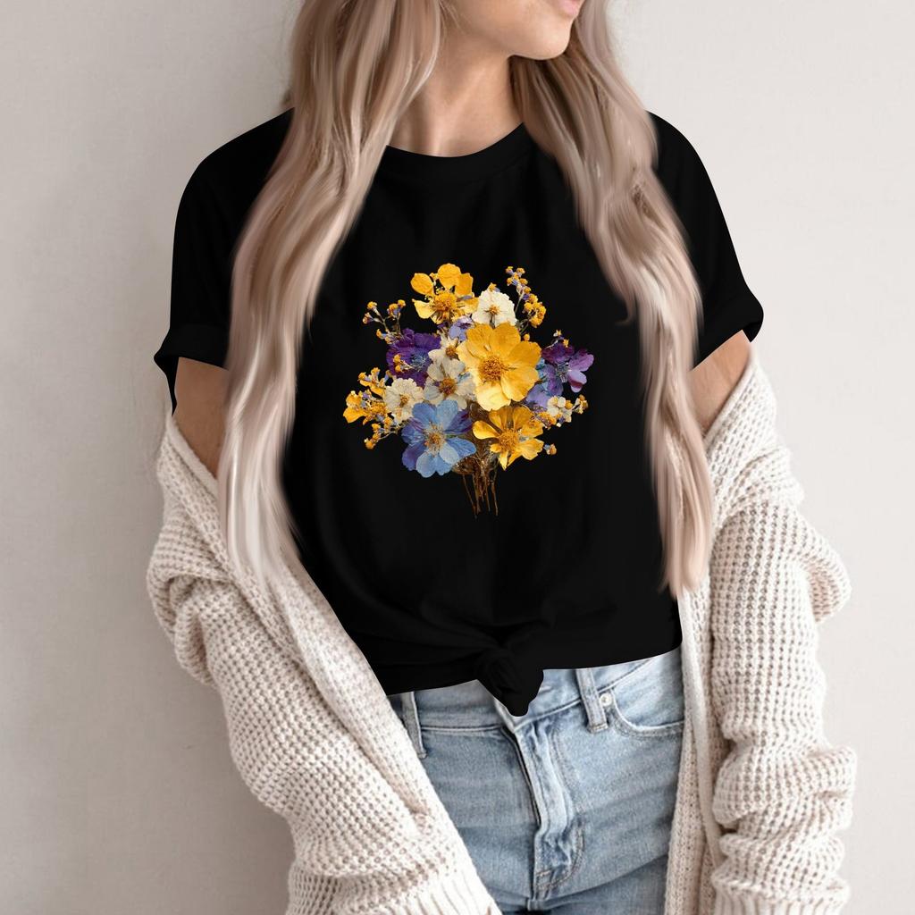 Women's Fashion Casual Printed Round Neck Short Sleeved Pullover T-Shirt Top