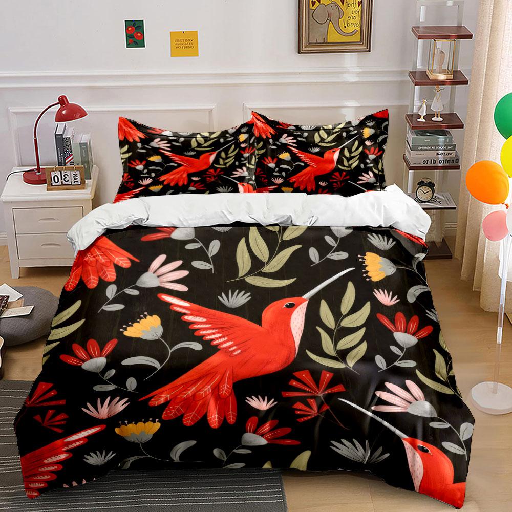 Hummingbird Floral Home Decor Soft Comfortable Duvet Cover Bedding Set Included 1*Duvet Cover & 2*Pillowcases, Gift