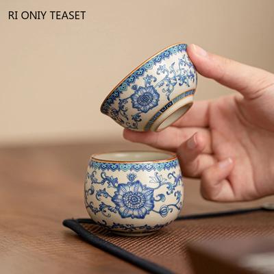 1 Stück Chinesische Vintage Ru Kiln Keramik Teetasse Handgemachte Blaue und Weiße Teeschale Haushaltsteegeschirr Reise Persönliche Meisterteetasse