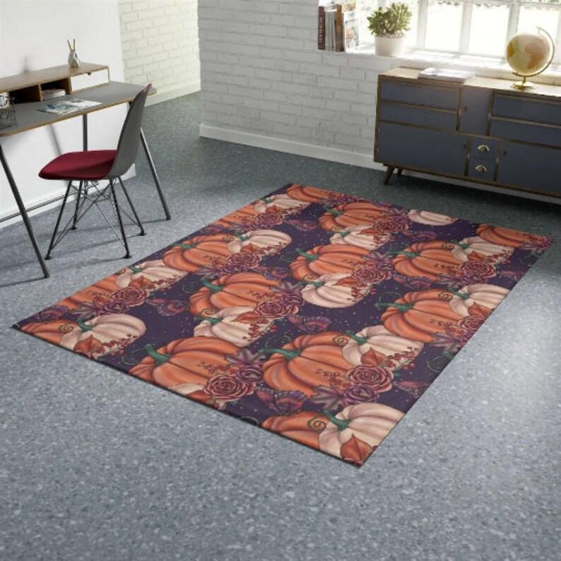 Dark Fall Pumpkin Rug Purple Orange Pumpkin Living Room Rug, Autumn Floral Rug For Thanksgiving