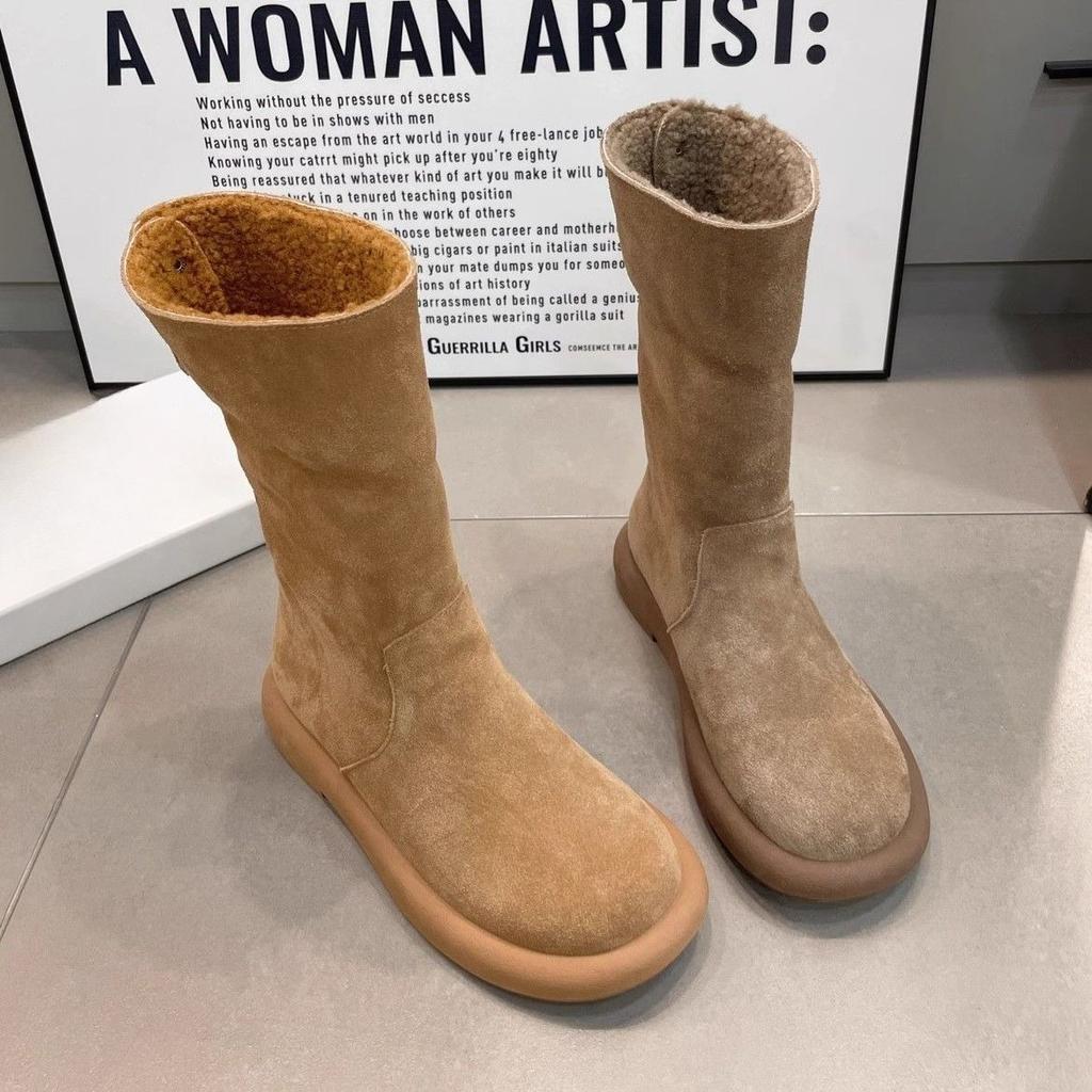 Fashion Plain Soft Mid Calf Woman Shoes 2025 New In Plush Warm Winter Novelty Waterproof Non Slip Padded Trend Goth Snow Boots for Women