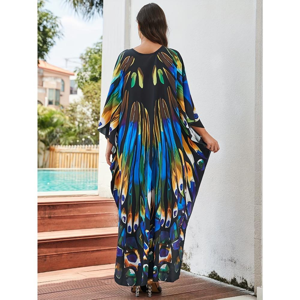 Plus Size Boho Cover Up, Women's Butterfly Print Chinese Knot Braided V Neck Maxi Loose Fit Beach Kaftan Dress