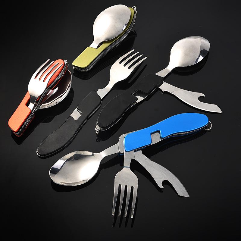 Camping Multifunctional Stainless Steel Cutlery Set: Folding Knife, Fork, and Spoon.
