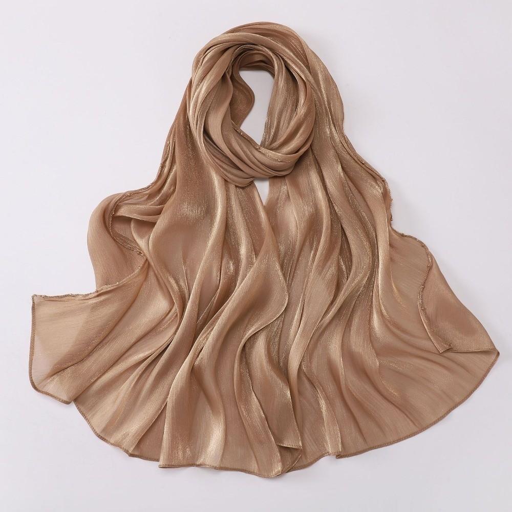 

High Qulaity Solid Color Silk Scarf Shining Unilateral golden chain Sunscreen shawl Long Chiffon Ramadan Long Scarf Outdoor хакі