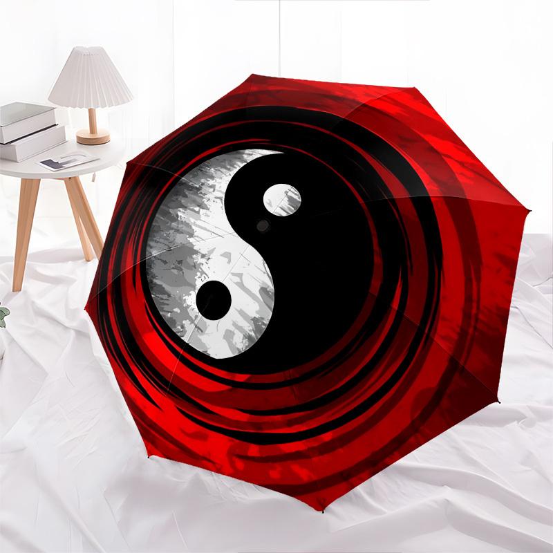 Yin Yang, Red Background Themed Automatic Opening and Closing Umbrella, Brightly Colored 8-rib Portable Umbrella, Suitable for Men and Women