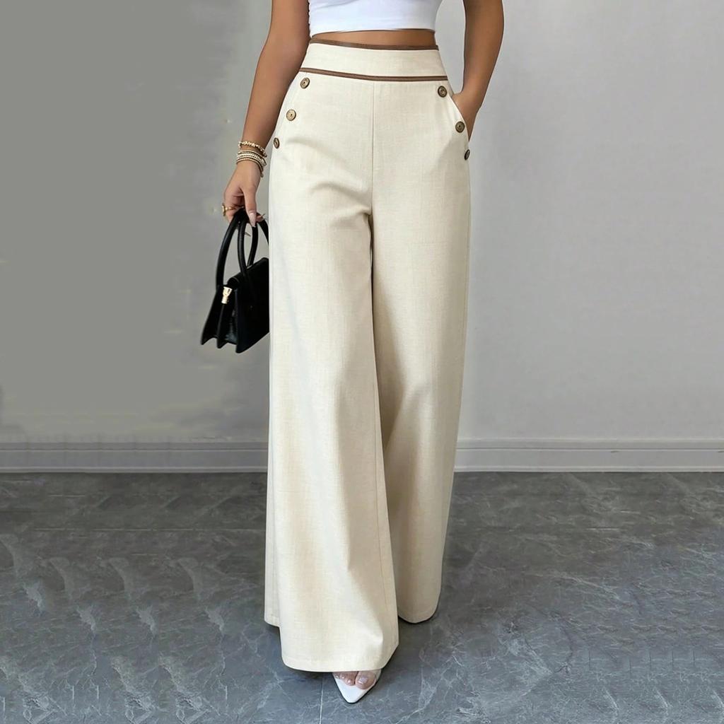 Women High Waist Wide Leg Pants Button Detail Straight Leg Casual Trousers Lightweight Loose Fit Bottoms for Everyday Wear