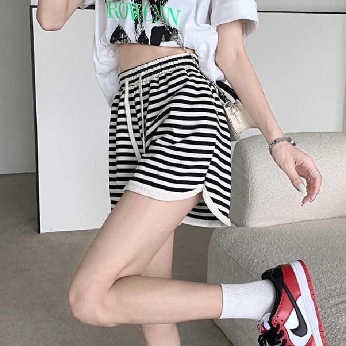 

Women s Color Block Stripe Drawstring Wide-Leg Sports Pants - Summer Morning/Night Run Elastic Waist Loose Shorts M