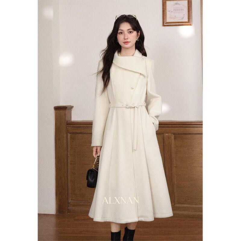 Elegant Apricot Wool Blend Long Coat Dress L