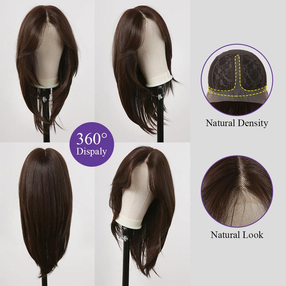 LOUIS FERRE Parrucca sintetica frontale in pizzo marrone lungo a strati 13x4x1 Parrucche in pizzo dritto marrone scuro con attaccatura naturale dei capelli Capelli finti morbidi quotidiani