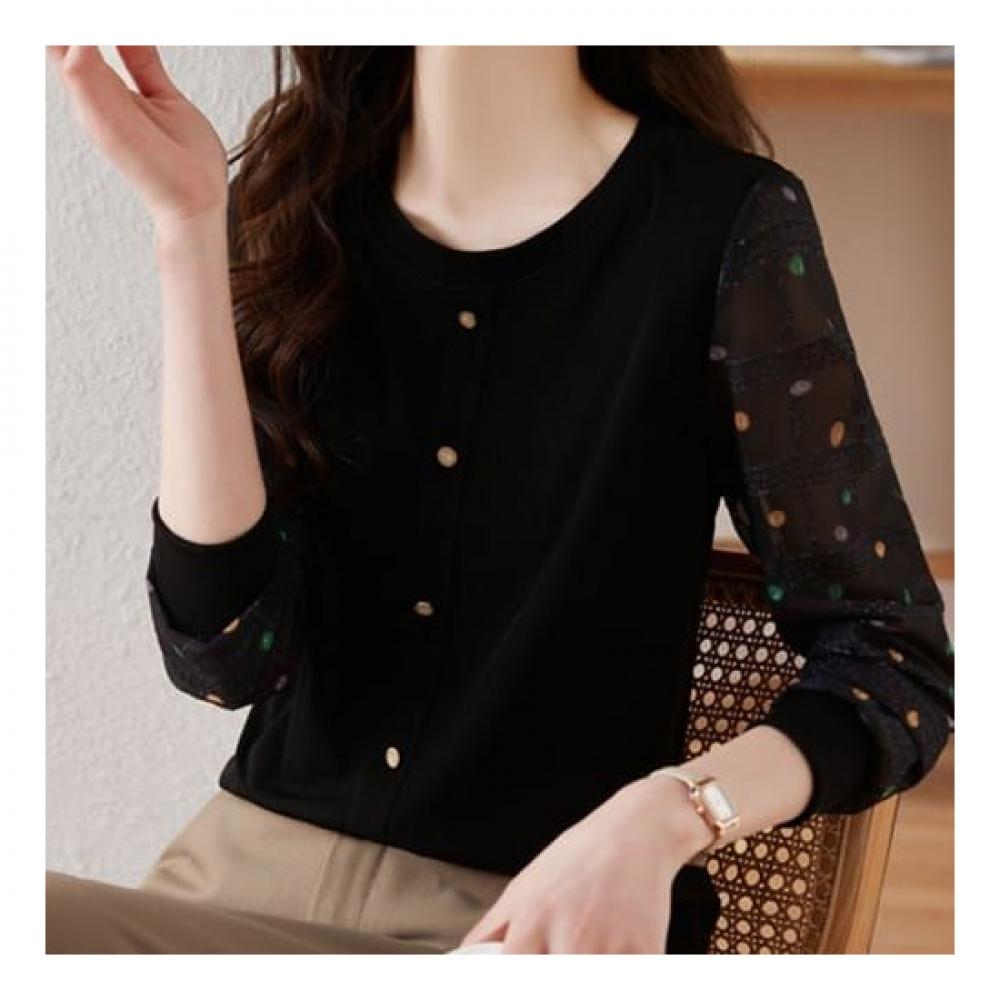 Navava Sheer Dot Round Neck Long Sleeve Blouse Nb1982