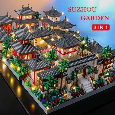 Giardino Classico di Suzhou Blocchi Architettura Cinese Micro Blocchi da Costruzione Modello con Luce LED Mattoncini Fai da Te Giocattoli per Bambini Regali