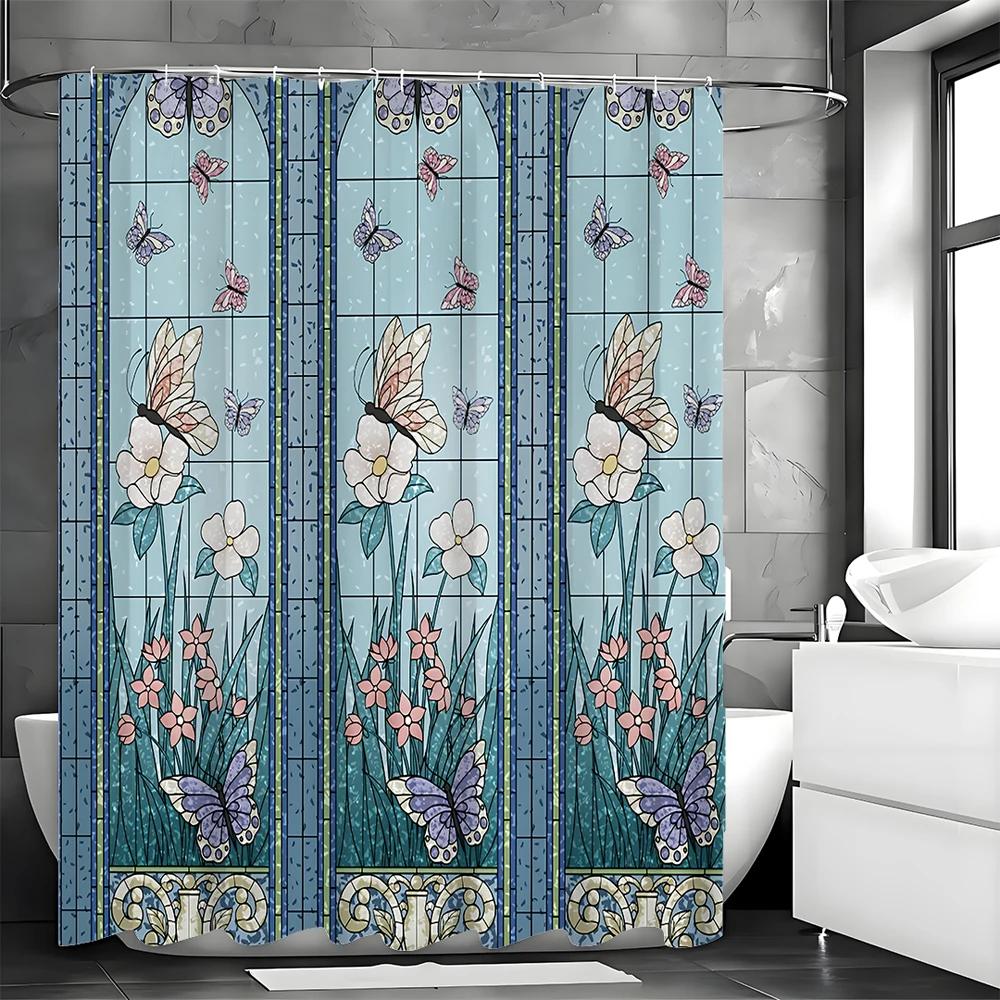 Blue Garden Shower Curtain, Colorful Butterfly Floral Bathroom Shower Curtain, Modern Design Botanical Fabric Shower Curtain wit