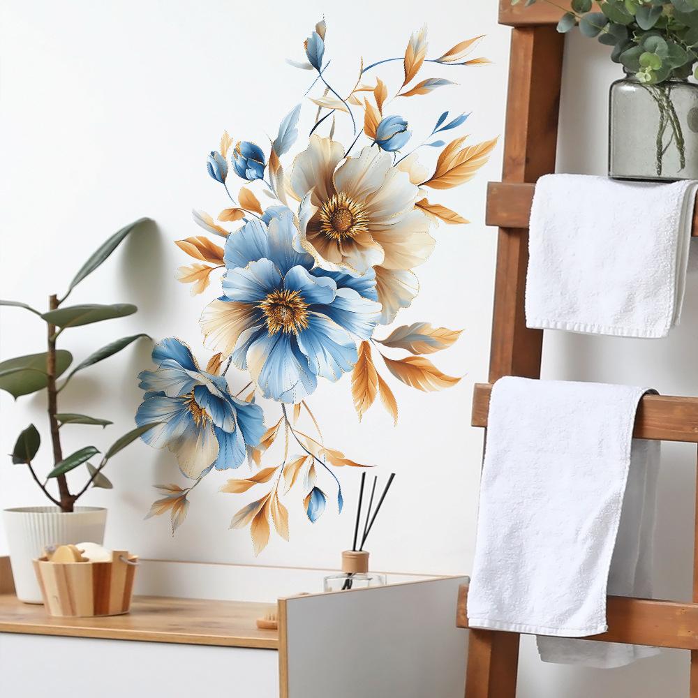 Painted Blue Flower Bathroom Bathroom Bathtub Home Beautification Wall Sticker