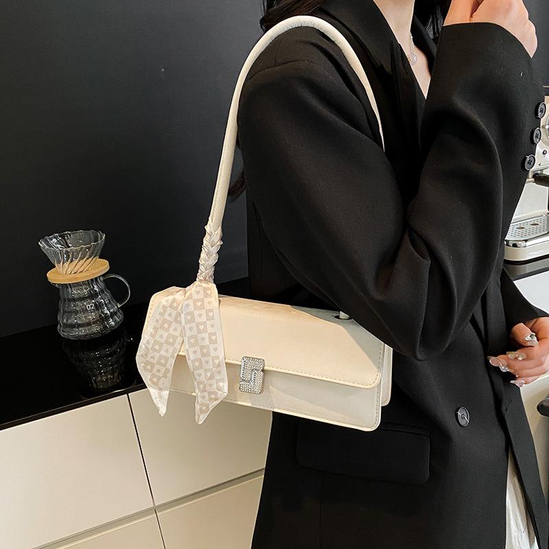 Women's Textured Underarm Baguette Bag with Silk Scarf - Early Spring 2025 Fashion