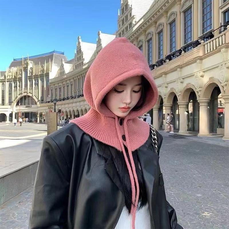 Winter Balaclava Hats for Women Unisex Knitted Hooded Caps Outdoor Warmer Drawstring Hat One-Piece Neck Collar Beanies Caps