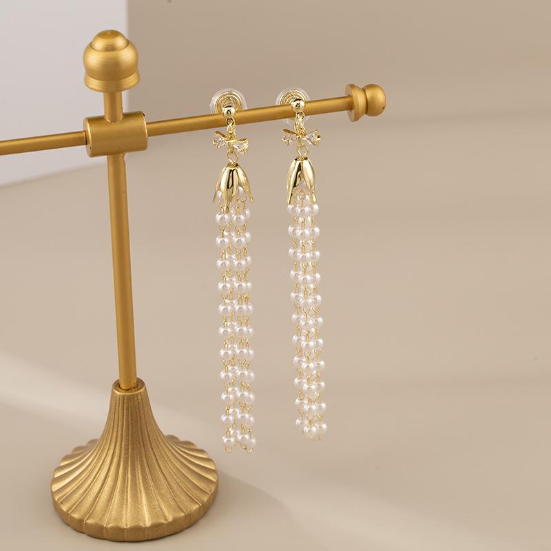 

Длинная элегантная бахрома с искусственным жемчугом и бантиком в виде москитной спирали без пирсинга, зажим для ушей