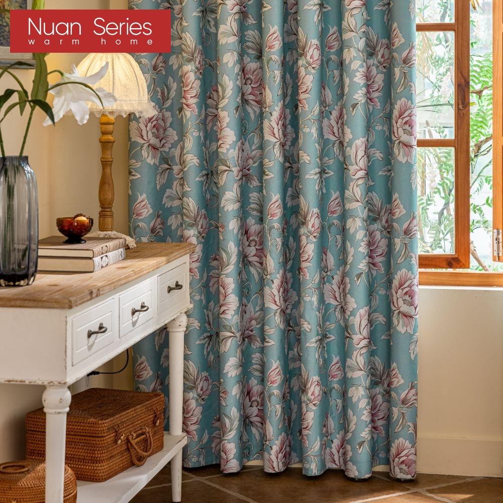 1PC Nuan Series American Countryside Style Peony Printed Blue Curtain Full Blackout Curtains for Bedroom Living Room Balcony Window for Home Decor