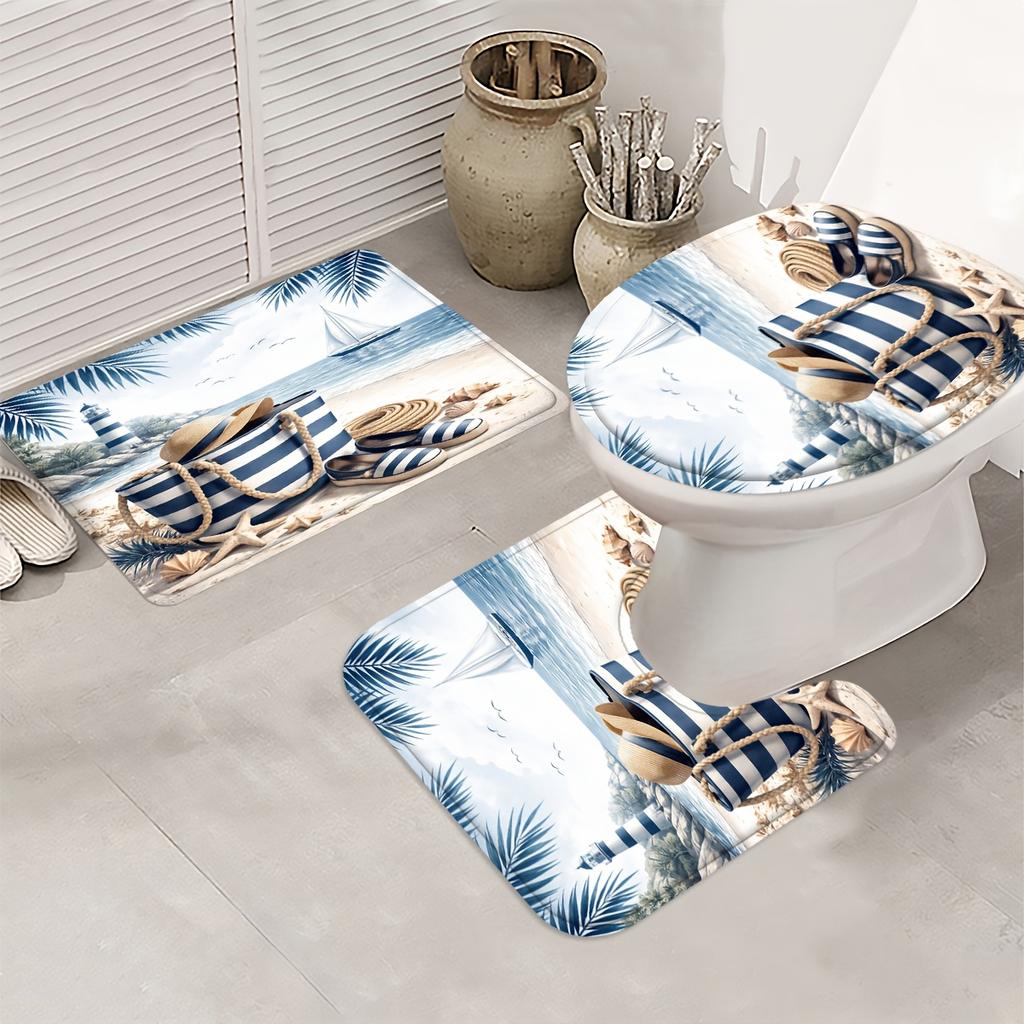 4Pcs Coastal Beach Shower Curtain Set with Non-Slip Bath Mat, Toilet Lid Cover, Contour Rug & 12 Hooks, Bathroom Decor