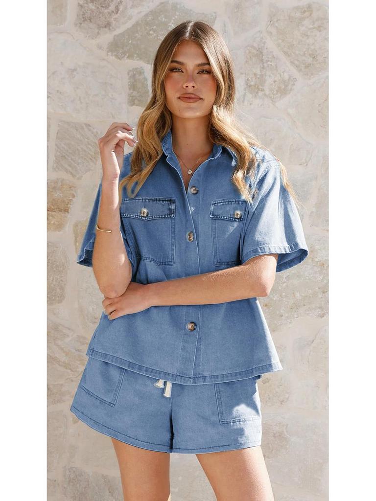 2025 Vintage Denim Two-Piece Set: Women's Loose Short-Sleeve Shirt & Shorts
