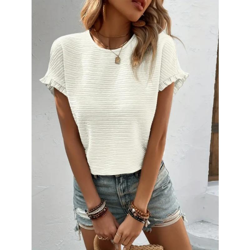 Summer Casual Loose Short Sleeved T-shirt Elegant Women Crew Neck Blouse Casual Simple Tops Loose Shirt Office Ruffled Solid Color Clothing S белый