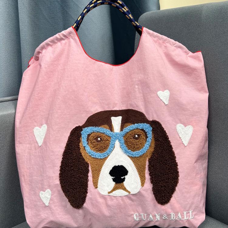 2024 Japanese-Style Cute Dog Embroidered Nylon Eco-Friendly Shoulder Shopping Bag