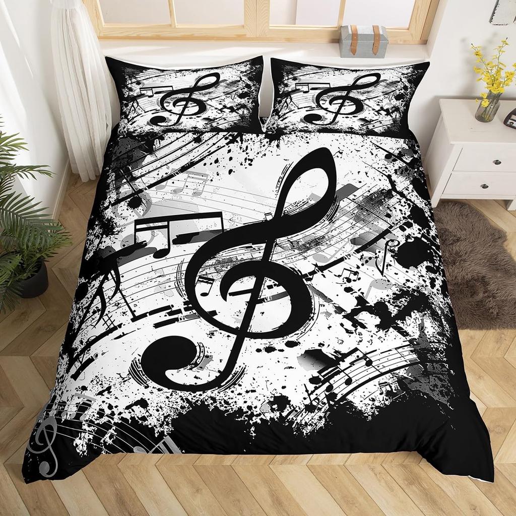 Black White Piano Keys Musical Symbols 3D Printed Bedding Set Cozy Duvet Cover King Queen Twin Size Birthday Gift Bedroom Decor