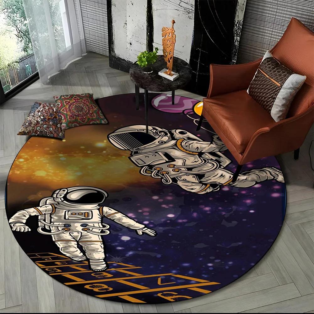 Cartoon Astronaut Round Carpet Universe Outer Space Planet Print Area Rug Anti-Slip Kid Bedroom Nursery Playroom Crawl Floor Mat
