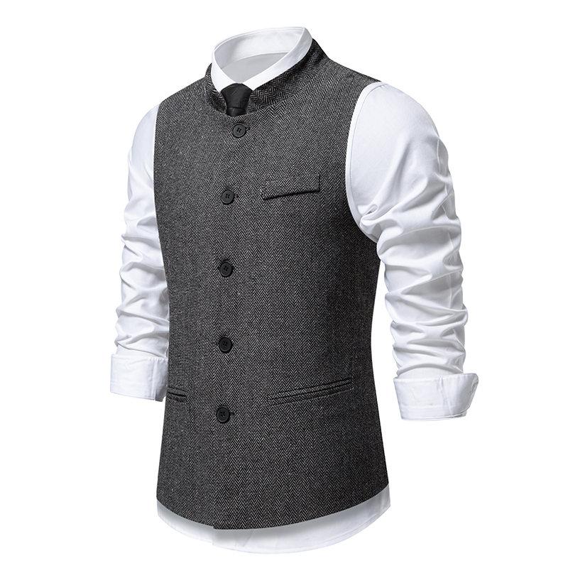 Autumn British Style Retro Vest For Men Fashion Stand Collar Herringbone Coarse Tweed Suit Vest Waistcoat Vintage Gentleman