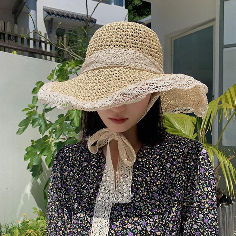 Women'S Wide Brim Lace Straw Hat Beach Hollow-Out Sun Cap For Seaside Vacation