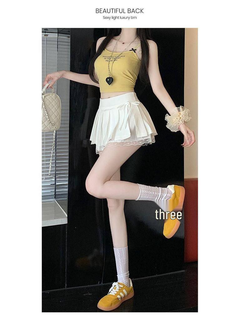 Sweet Pleated A-Line Mini Skirt with Lace Patchwork, High-Waisted and Anti-Exposure, 2025 Summer Collection