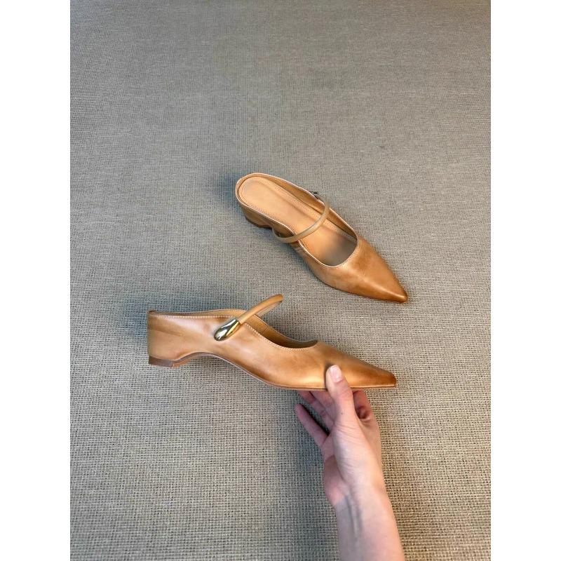 Cowhide Version~ French Temperament Polished Pointed Head with Bag Head Half Slippers Women Wear Height-increasing Sandals In Summer