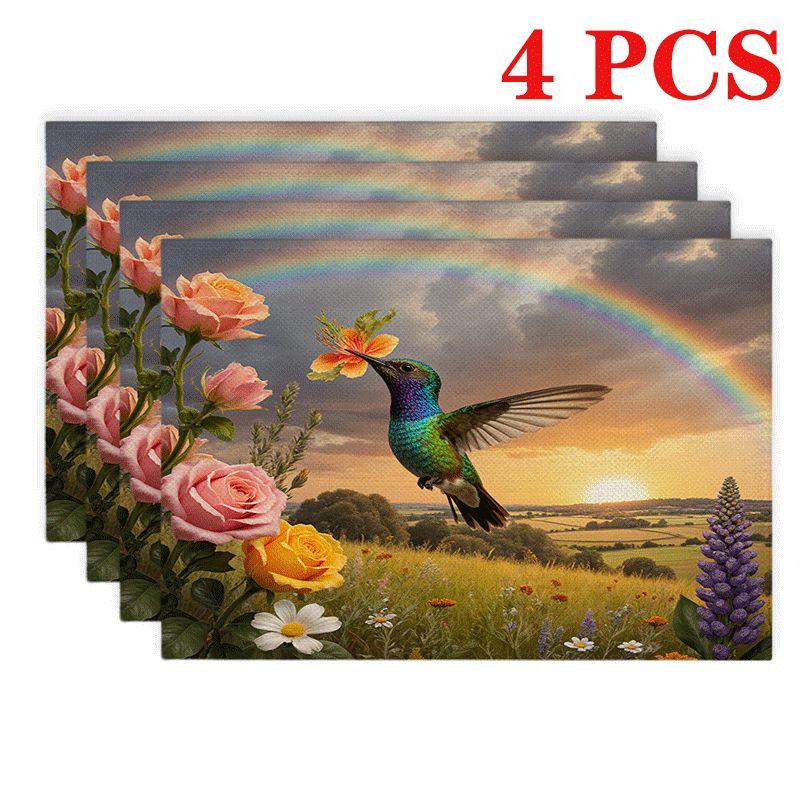 4/6pcs Rectangular Placemats - 12x18 Inch Hummingbird Rainbow Floral Pattern Placemats 4pcs