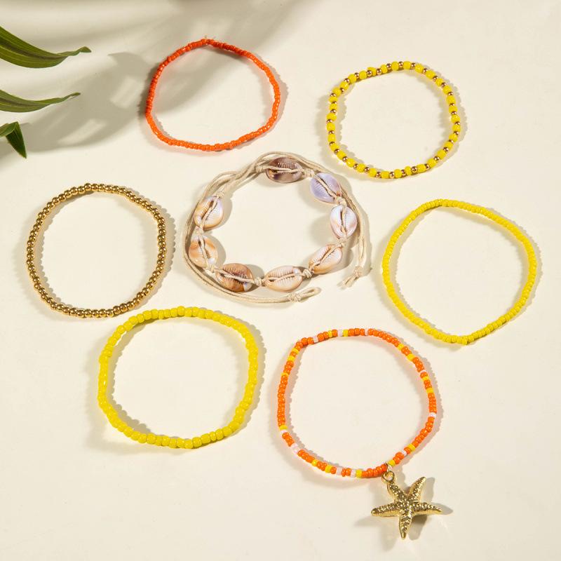 Bohemian holiday style acrylic shell woven anklet, beach style resin starfish anklet seven pieces