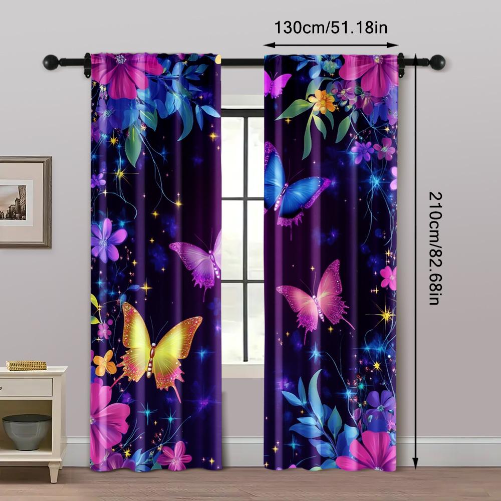 2pcs   Creative Curtains Modern Dream Luminous Blue Purple Butterfly Versatile Polyester Fabric (without rod) Decorations Outdoor