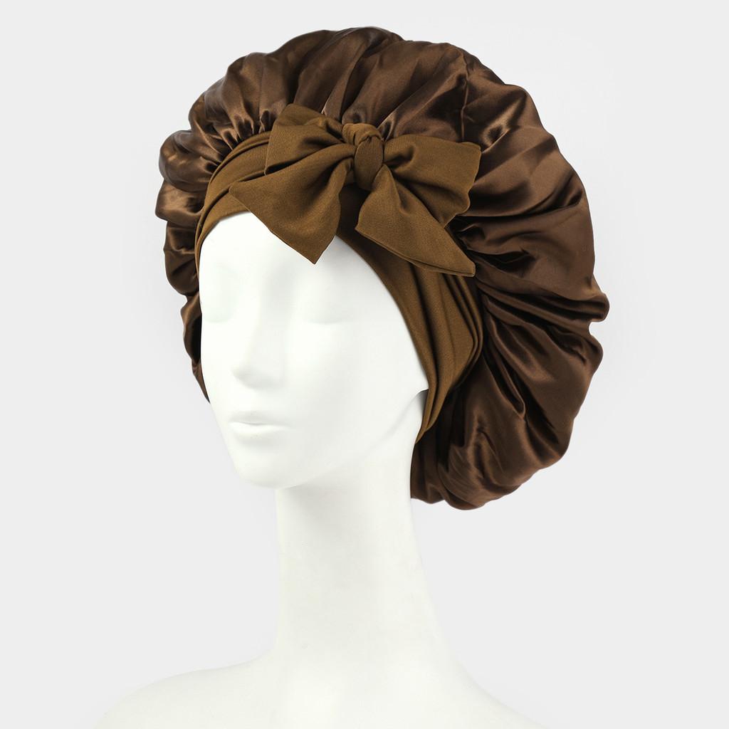 Bonnet de Nuit en Satin pour Femmes avec Nœud Papillon Lien Réglable Soin des Cheveux Bonnet de Nuit Doux en Soie