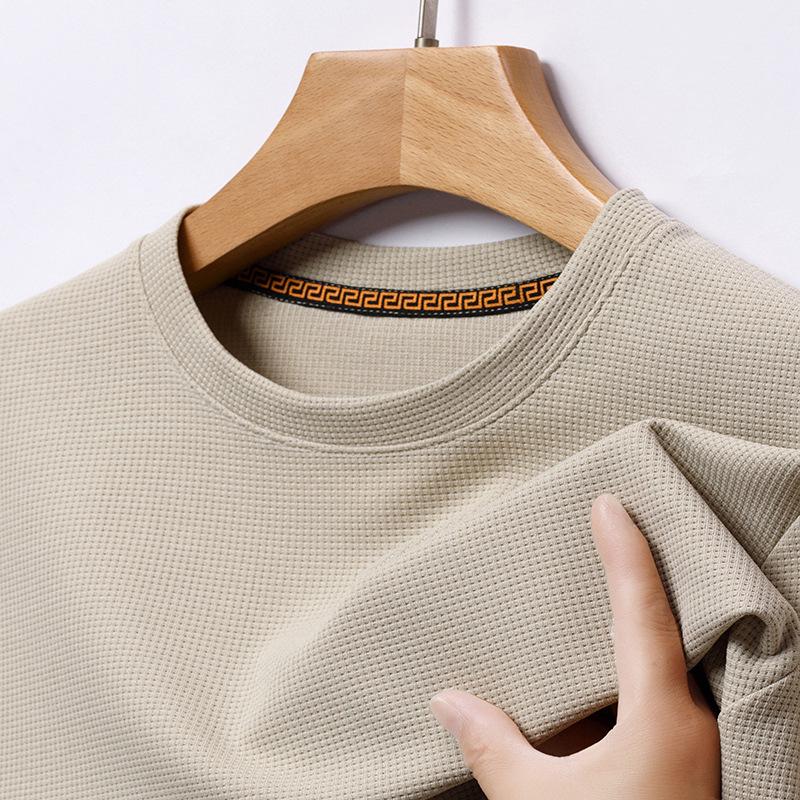 Men's Waffle Knit Long-Sleeve Hoodie - Solid Color Versatile Round Neck T-Shirt for Spring and Autumn