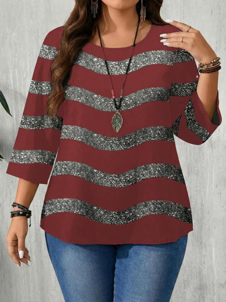 Plus Size Women's Striped Long Sleeve Round Neck Hoodie - Spring & Autumn 2026 Collection