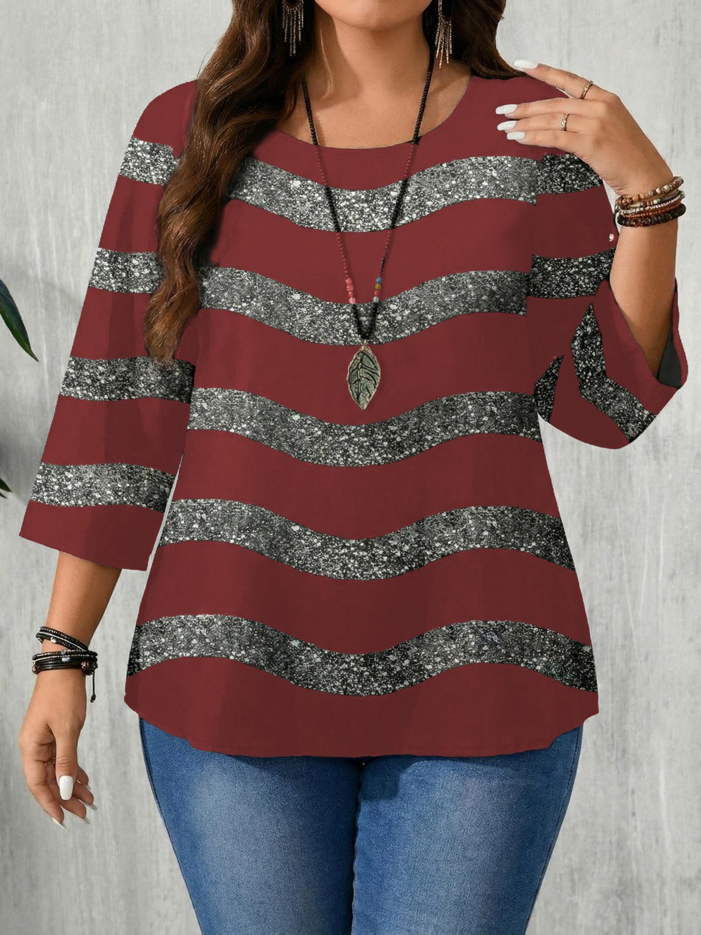 Plus Size Women s Striped Long Sleeve Round Neck Hoodie - Spring & Autumn 2026 Collection 4XL