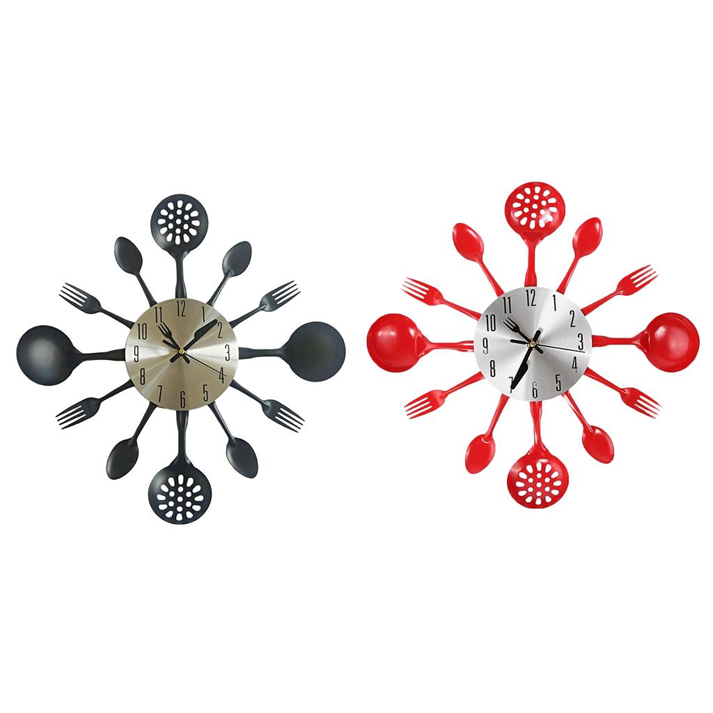 Wall Clock with 3, Fork, Cutlery Design , Black