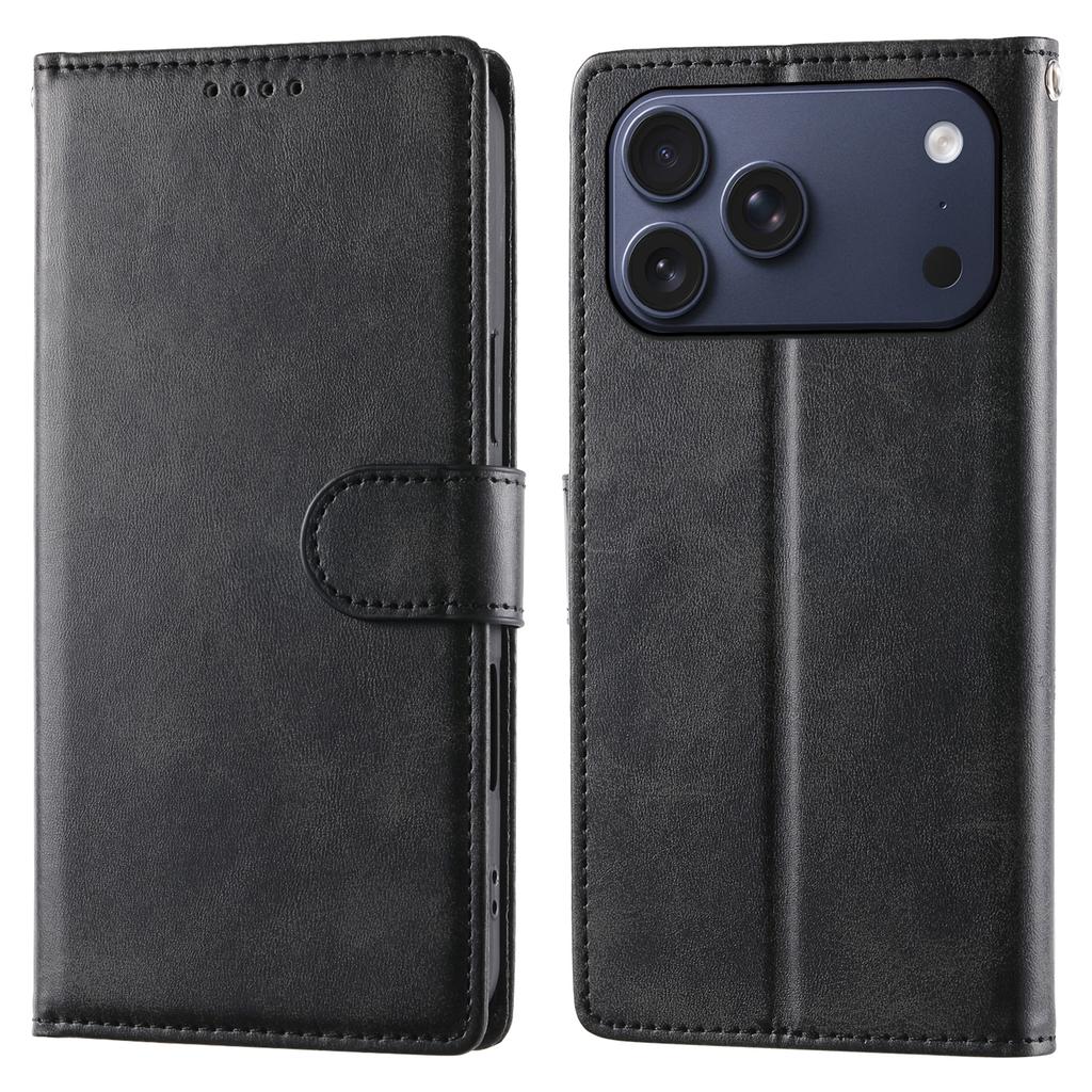 For iPhone 17 Pro Max Case Stand Wallet Calf Texture PU Leather Flip Phone Cover with Wrist Strap