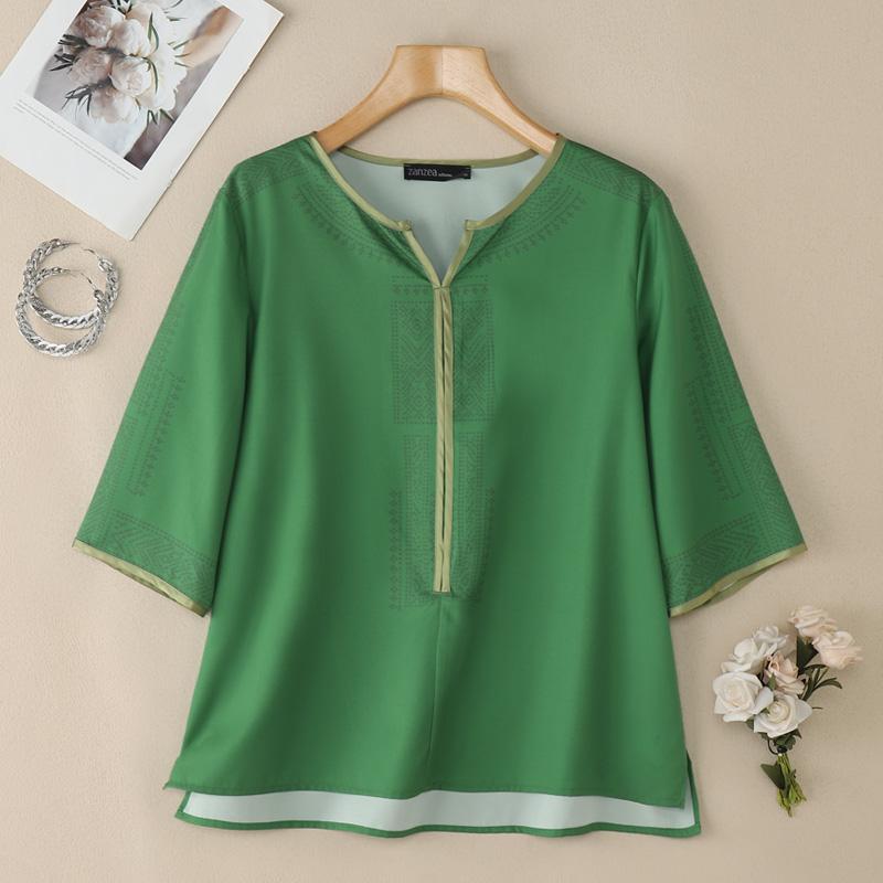 ZANZEA Women Casual V-Neck 3/4 Sleeve Loose Print Blouse