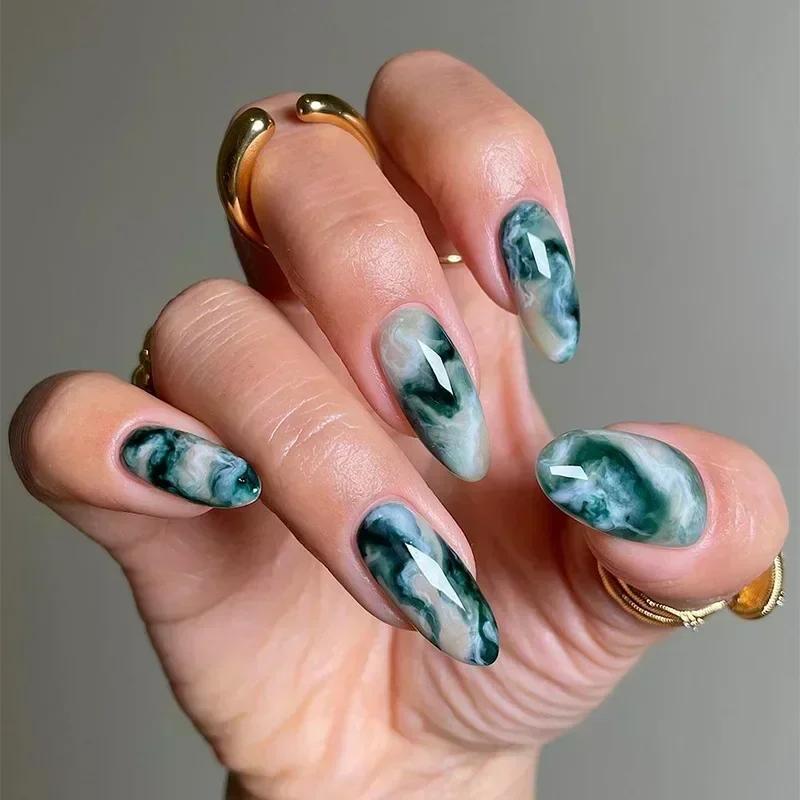 24Pcs Short Almond False Nails Press on Colourful Halo Dyeing Wearable Blue Starry Sky French Fake Nails Set Manicure Nail Art