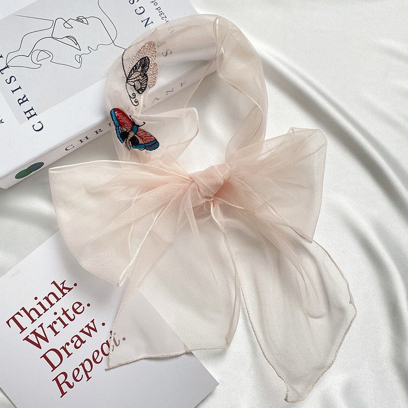 Butterfly Embroidered Lace Long Silk Scarf for Women's Summer Luxury Hairbands Floats Ribbons Tie Bags Neck Straps Tie Hair