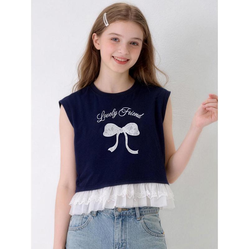 Stylish Lace-Trimmed Girls  Short-Sleeve T-shirt for Teens 140 cm