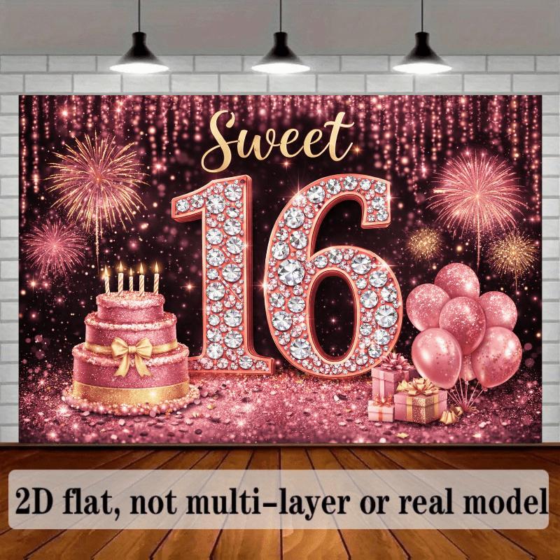 2D flat background fabric for a 16th birthday party, featuring the golden word "Sweet", yzb