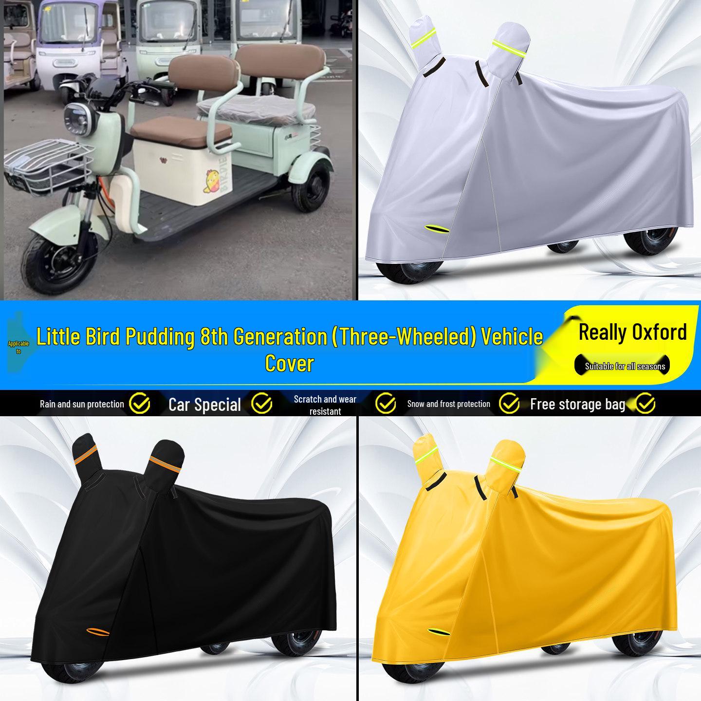 Xiaoniao Pudding 8th Gen Electric Tricycle Rain & Sun Protective Cover with Decorative Accessories Black XL with Storage Bag